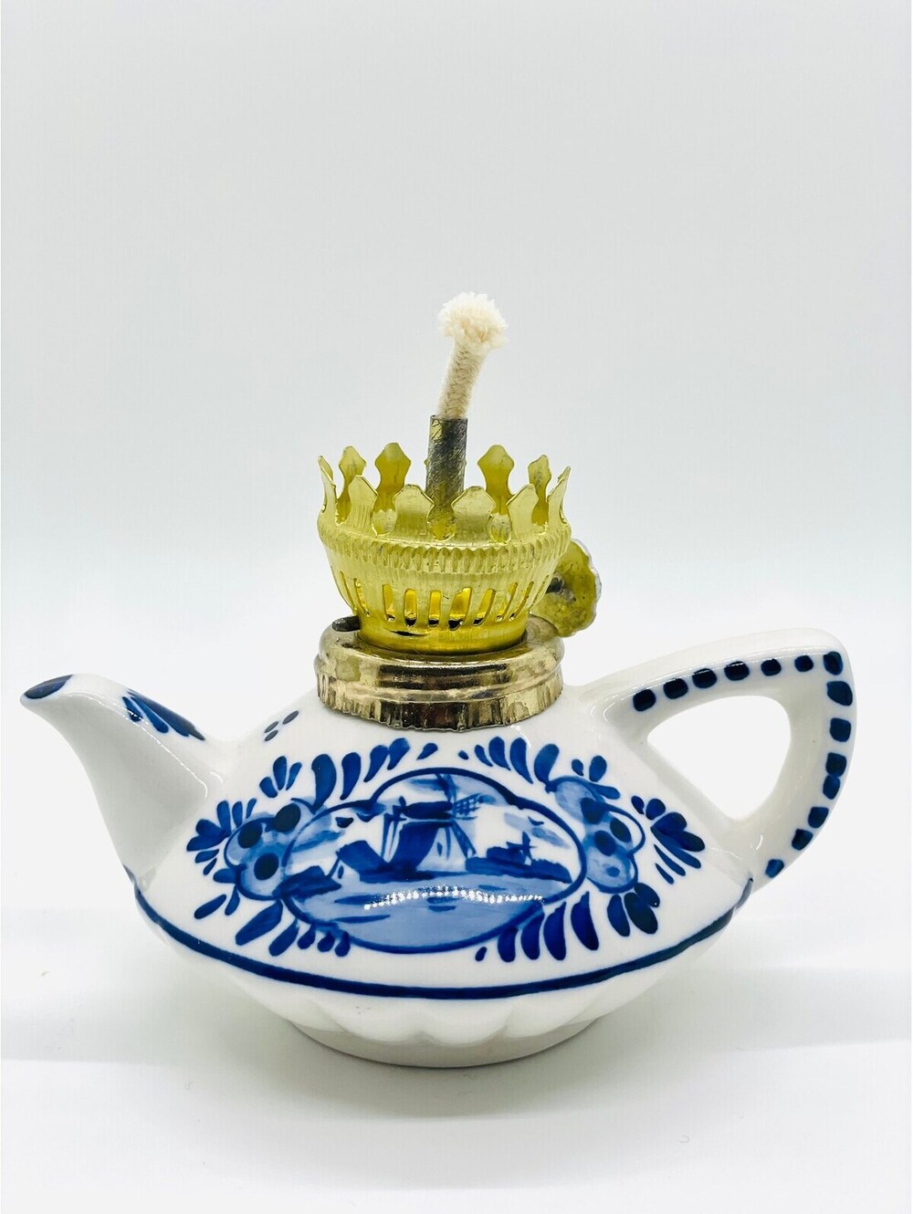 Vintage Delft Blue Miniature Oil Lamp Hand Painted Dutch Holland Windmill Floral